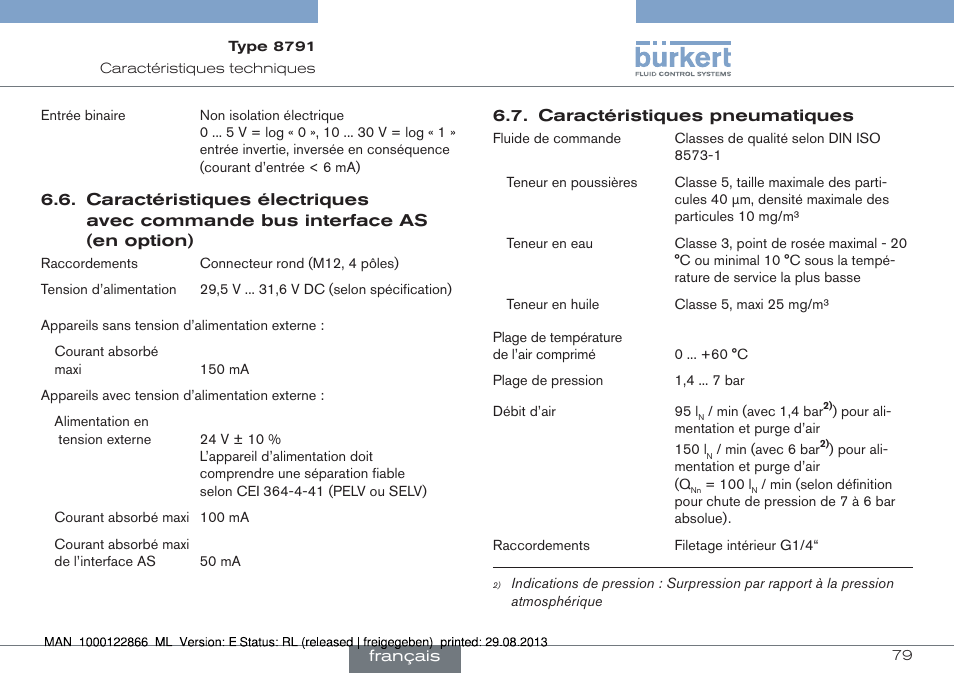 Caractéristiques électriques | Burkert Type 8791 User Manual | Page 79 / 106