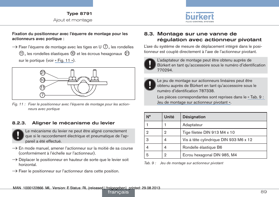 Montage sur une vanne de régulation avec, Actionneur pivotant | Burkert Type 8791 User Manual | Page 89 / 106