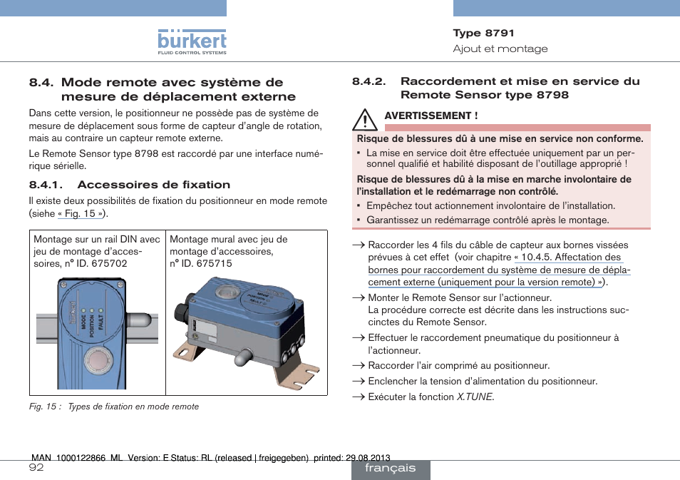 Mode remote avec système de mesure de, Déplacement externe | Burkert Type 8791 User Manual | Page 92 / 106