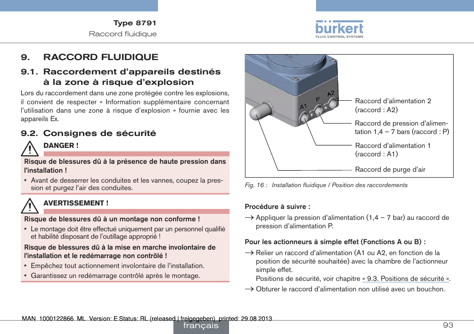 Raccord fluidique, Raccordement d’appareils destinés à la zone, À risque d’explosion | Consignes de sécurité | Burkert Type 8791 User Manual | Page 93 / 106