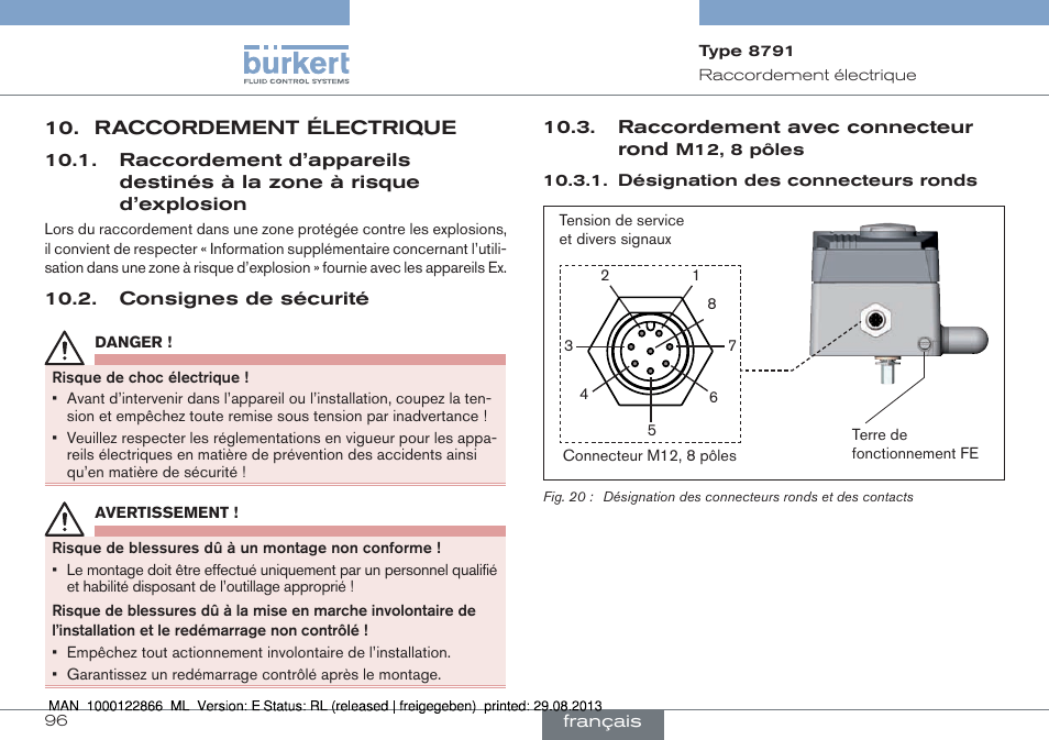 Raccordement électrique, Raccordement d’appareils destinés à la zone, À risque d’explosion | M12, 8 pôles | Burkert Type 8791 User Manual | Page 96 / 106