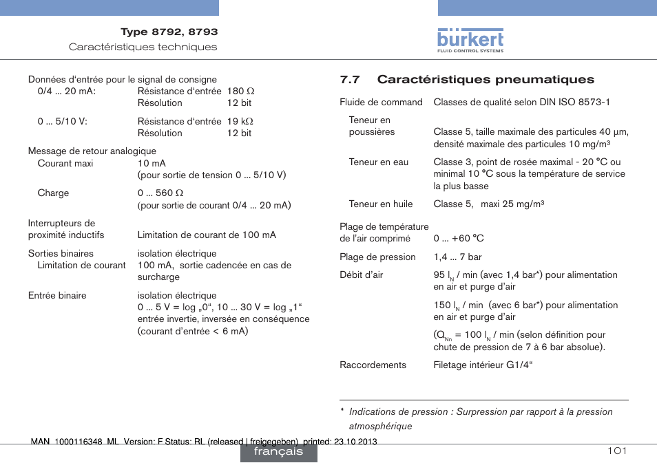 7 caractéristiques pneumatiques | Burkert Type 8793 User Manual | Page 101 / 136