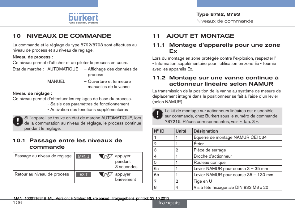 10 niveaux de commande, 1 passage entre les niveaux de commande, 11 ajout et montage | Linéaire selon namur | Burkert Type 8793 User Manual | Page 106 / 136