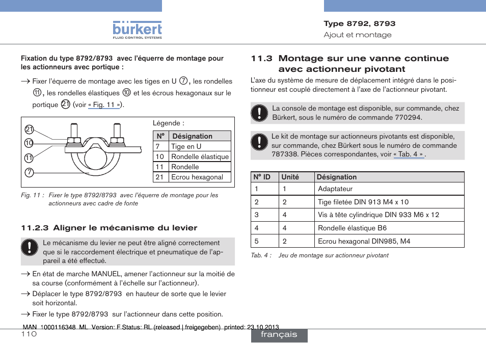 3 montage sur une vanne continue avec actionneur, Pivotant, 3 aligner le mécanisme du levier | Burkert Type 8793 User Manual | Page 110 / 136