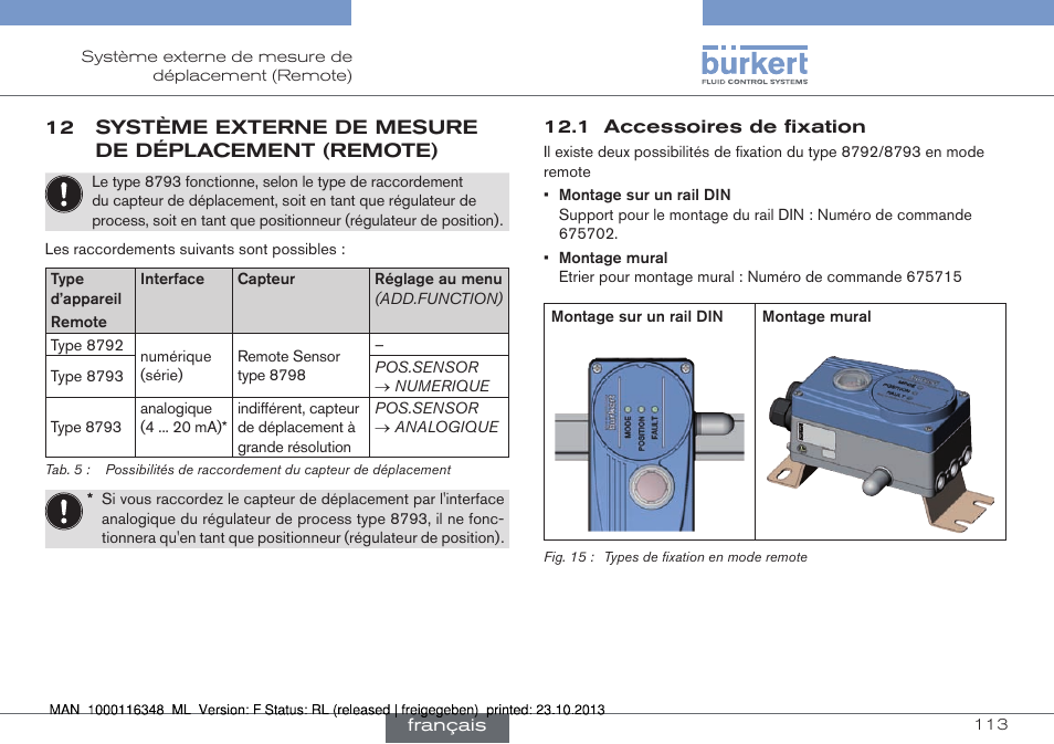 12 système externe de mesure de déplacement, Remote) 12.1 accessoires de fixation | Burkert Type 8793 User Manual | Page 113 / 136