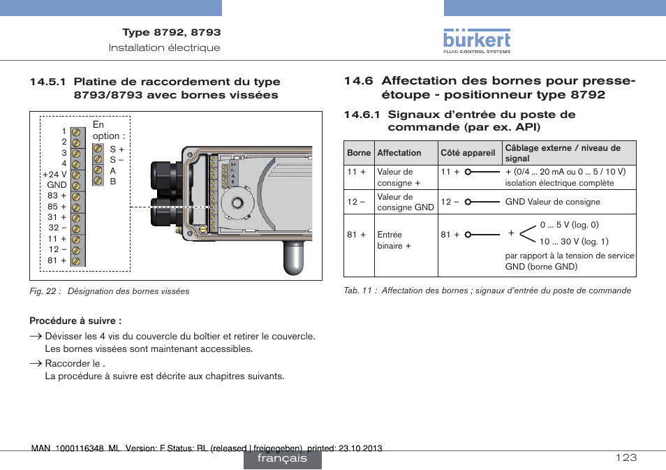 6 affectation des bornes pour presse-étoupe, Positionneur type 8792 | Burkert Type 8793 User Manual | Page 123 / 136