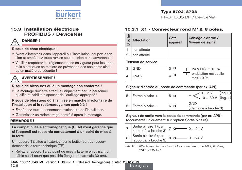 3 installation électrique profibus / devicenet | Burkert Type 8793 User Manual | Page 128 / 136