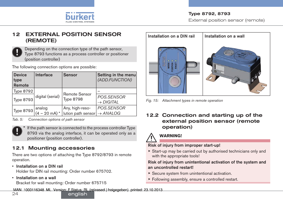 12 external position sensor (remote), Sensor (remote operation) | Burkert Type 8793 User Manual | Page 24 / 136