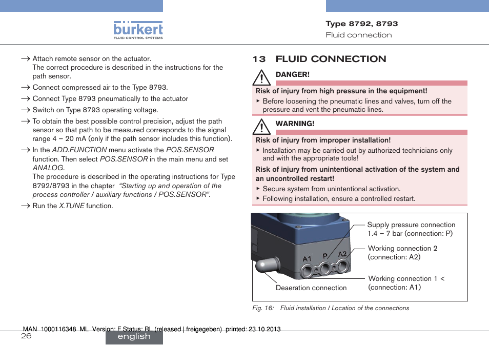 13 fluid connection | Burkert Type 8793 User Manual | Page 26 / 136