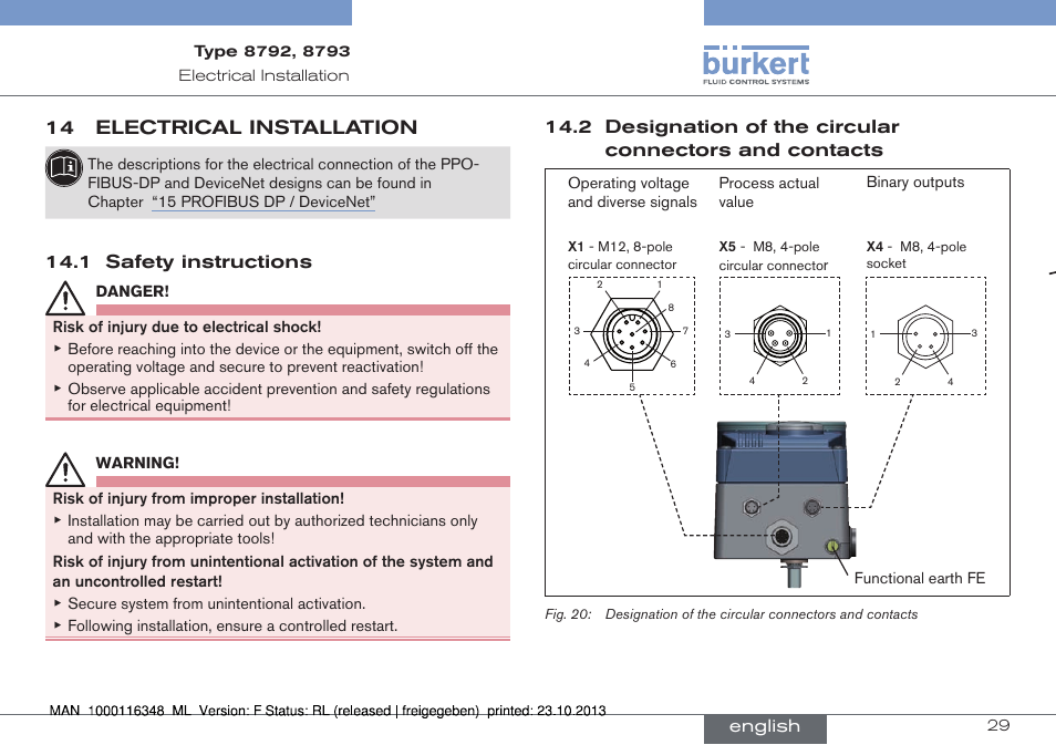 14 electrical installation | Burkert Type 8793 User Manual | Page 29 / 136