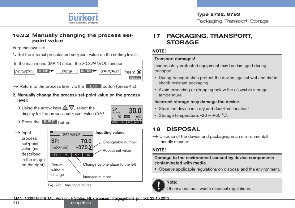 17 packaging, transport, storage, 18 disposal | Burkert Type 8793 User Manual | Page 46 / 136