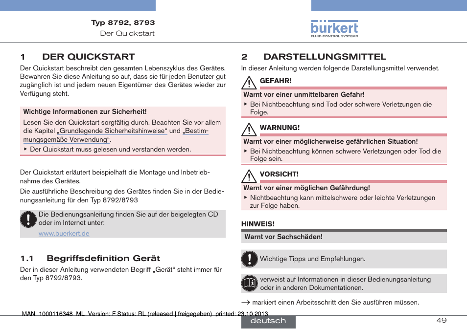 1 der quickstart, 1 begriffsdefinition gerät, 2 darstellungsmittel | Burkert Type 8793 User Manual | Page 49 / 136