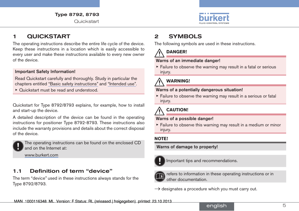 1 quickstart, 1 definition of term “device, 2 symbols | Burkert Type 8793 User Manual | Page 5 / 136