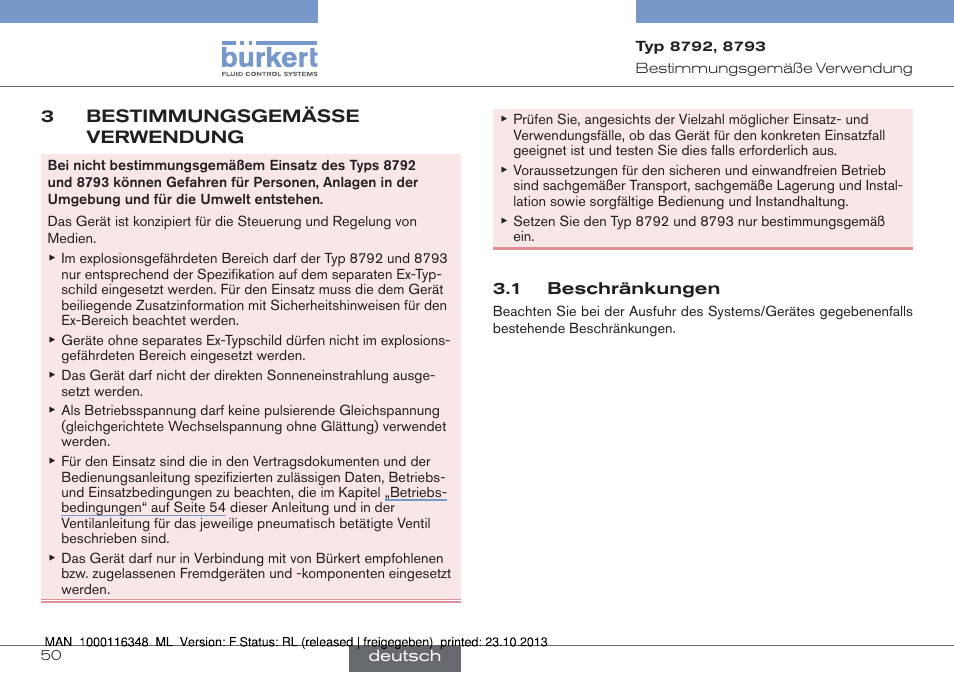 3 bestimmungsgemässe verwendung, 1 beschränkungen | Burkert Type 8793 User Manual | Page 50 / 136