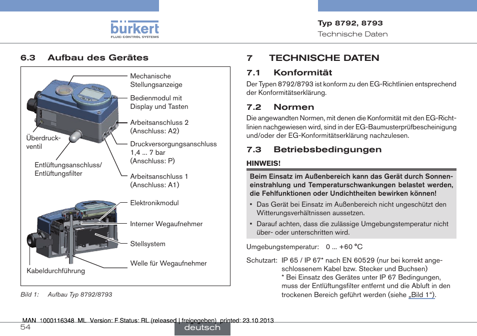 3 aufbau des gerätes, 7 technische daten, 1 konformität 7.2 normen 7.3 betriebsbedingungen | Burkert Type 8793 User Manual | Page 54 / 136