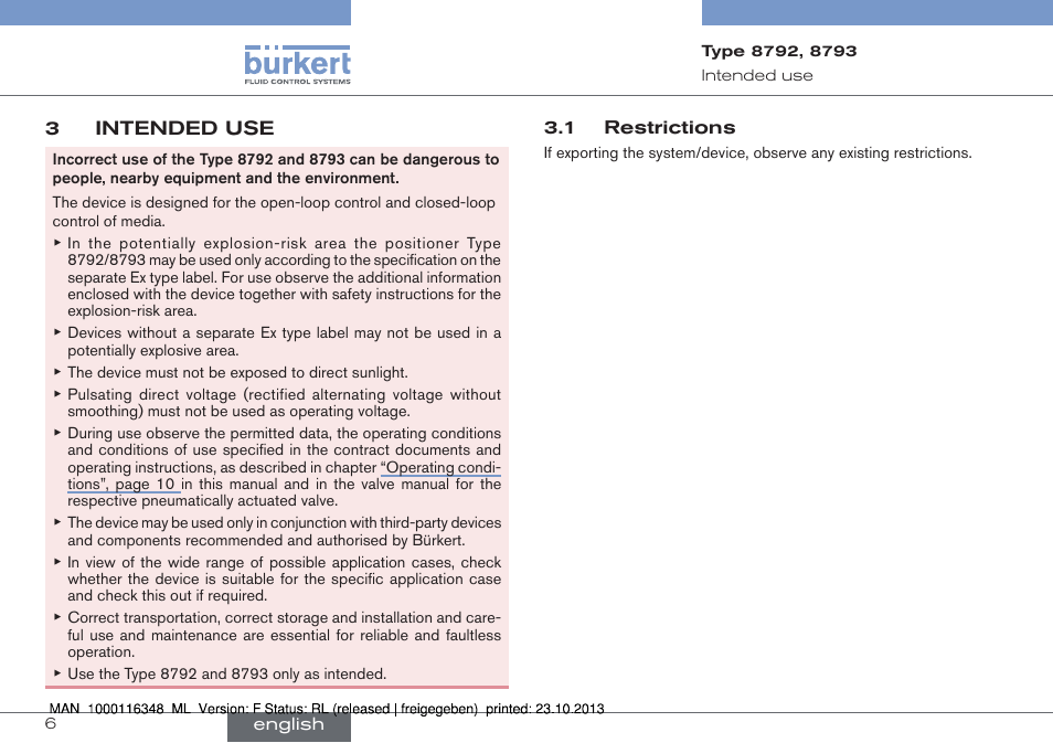 3 intended use, 1 restrictions | Burkert Type 8793 User Manual | Page 6 / 136