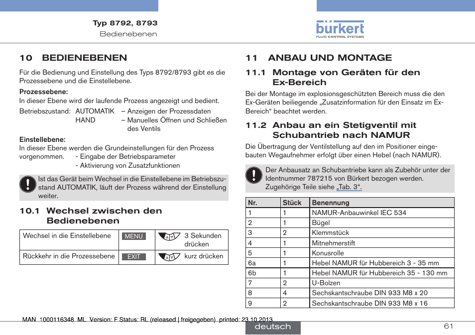 10 bedienebenen, 1 wechsel zwischen den bedienebenen, 11 anbau und montage | Namur | Burkert Type 8793 User Manual | Page 61 / 136