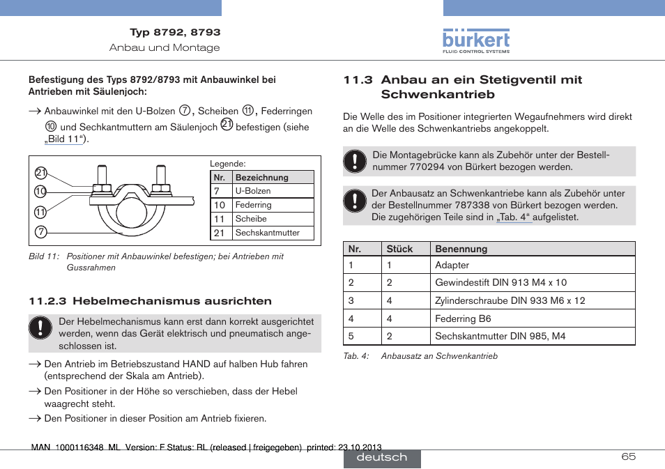 3 anbau an ein stetigventil mit schwenkantrieb, 3 hebelmechanismus ausrichten | Burkert Type 8793 User Manual | Page 65 / 136