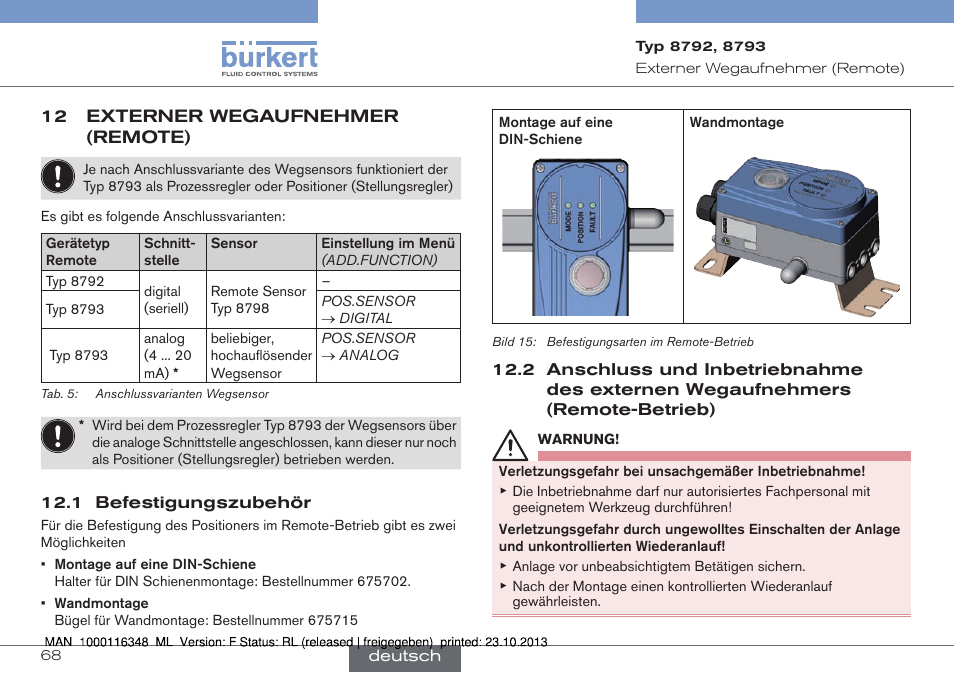 12 externer wegaufnehmer (remote), Wegaufnehmers (remote-betrieb) | Burkert Type 8793 User Manual | Page 68 / 136