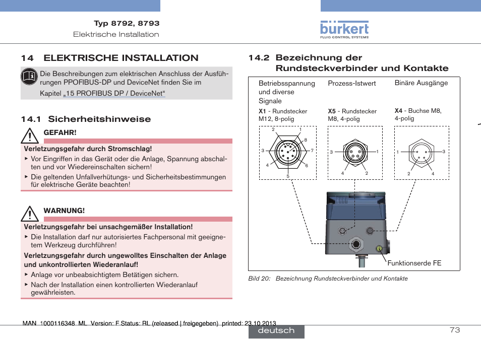 14 elektrische installation | Burkert Type 8793 User Manual | Page 73 / 136