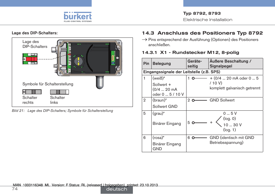 3 anschluss des positioners typ 8792 | Burkert Type 8793 User Manual | Page 74 / 136