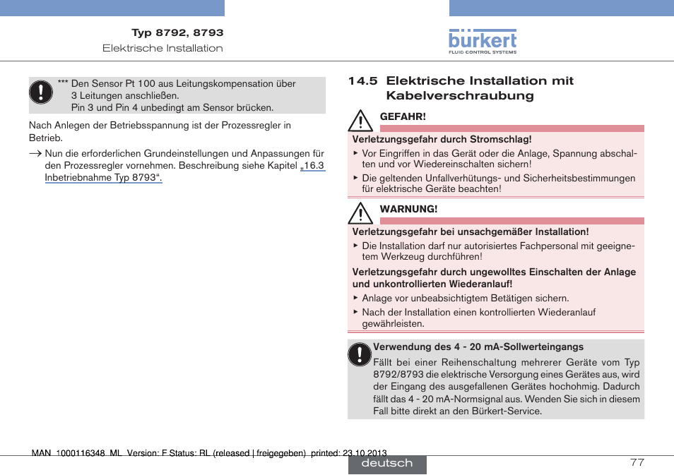 5 elektrische installation mit kabelverschraubung | Burkert Type 8793 User Manual | Page 77 / 136