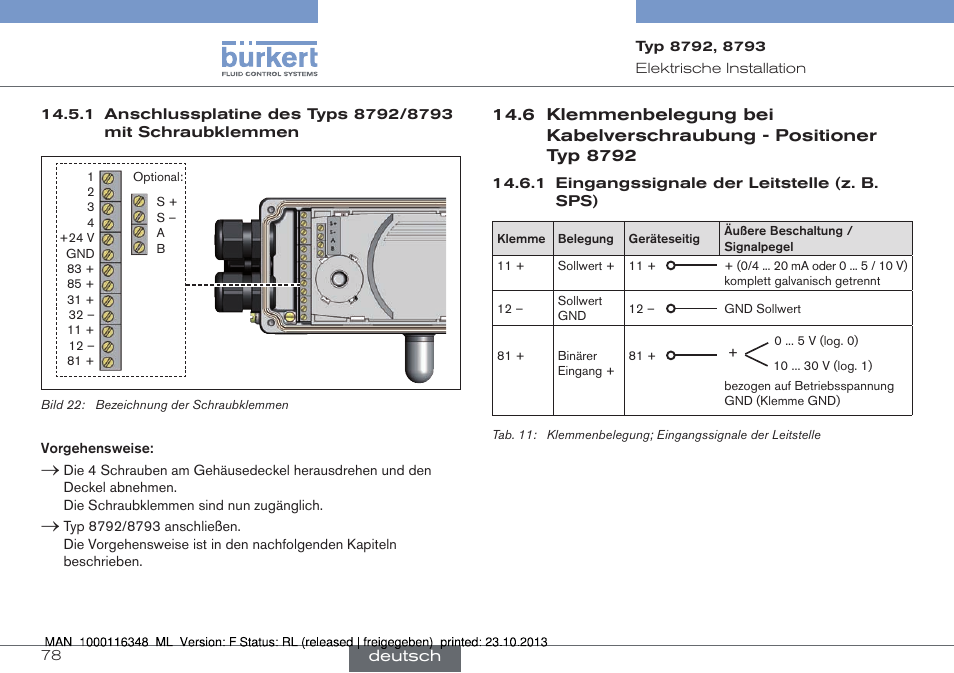 6 klemmenbelegung bei kabelverschraubung, Positioner typ 8792 | Burkert Type 8793 User Manual | Page 78 / 136