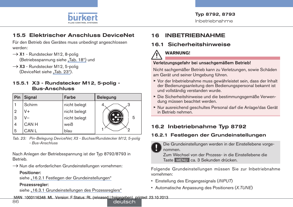 5 elektrischer anschluss devicenet, 16 inbetriebnahme, 1 sicherheitshinweise 16.2 inbetriebnahme typ 8792 | Siehe „16.2.1 festlegen der grundeinstellungen | Burkert Type 8793 User Manual | Page 86 / 136