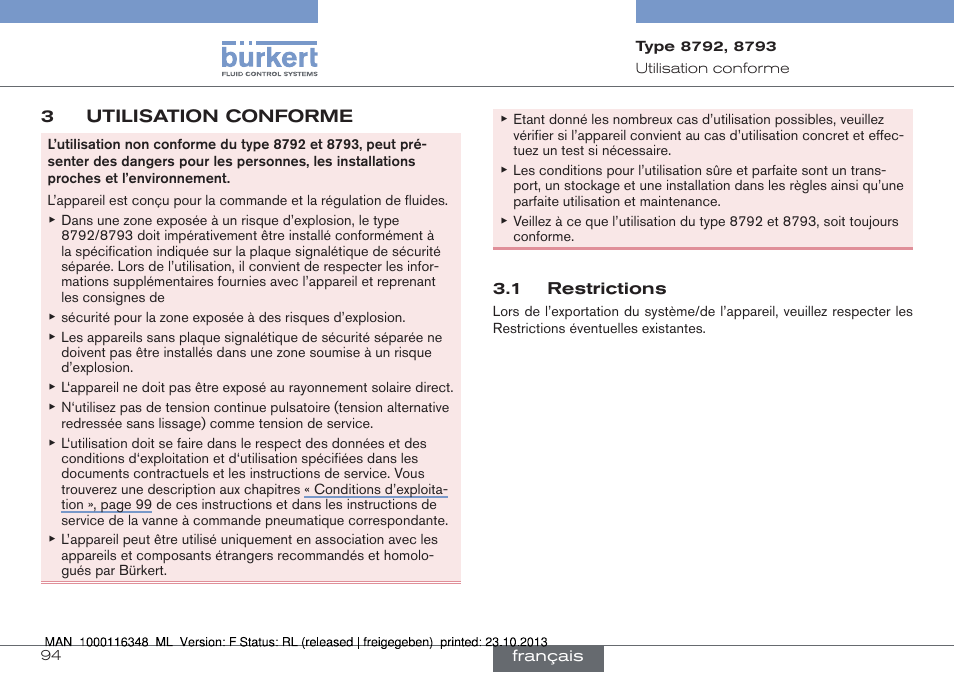 3 utilisation conforme, 1 restrictions | Burkert Type 8793 User Manual | Page 94 / 136