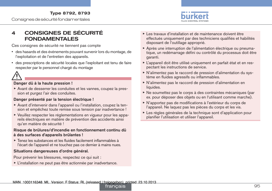 4 consignes de sécurité fondamentales | Burkert Type 8793 User Manual | Page 95 / 136