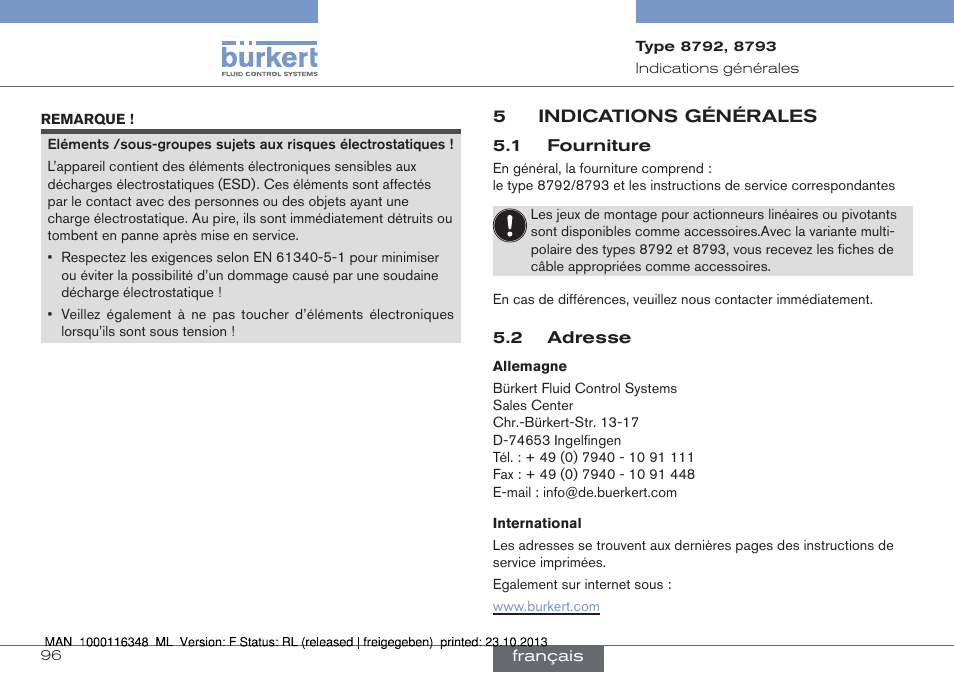 5 indications générales, 1 fourniture 5.2 adresse | Burkert Type 8793 User Manual | Page 96 / 136