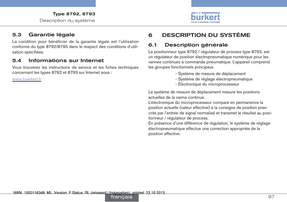 3 garantie légale 5.4 informations sur internet, 6 description du système, 1 description générale | Burkert Type 8793 User Manual | Page 97 / 136