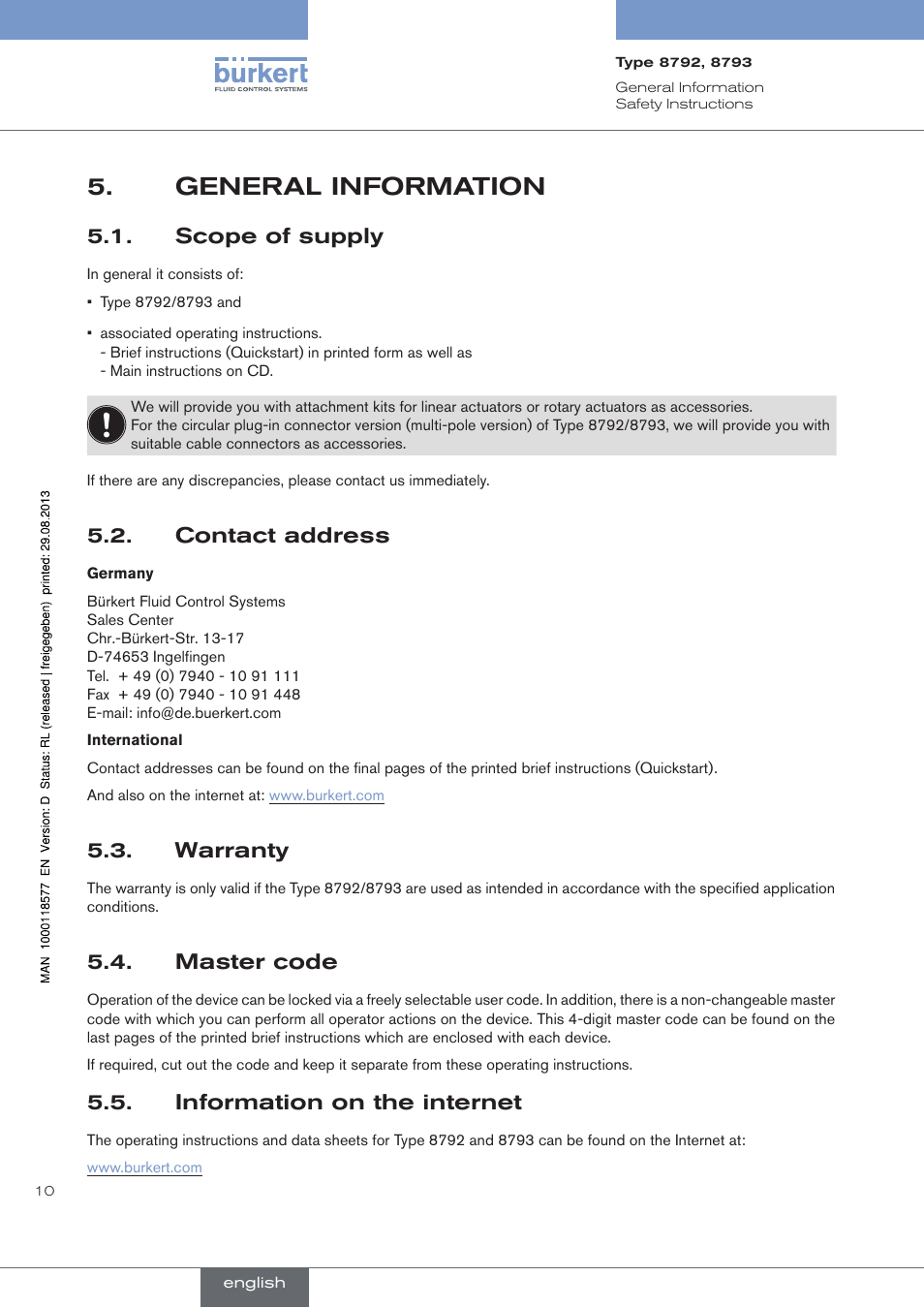 General information, Scope of supply, Contact address | Warranty, Master code, Information on the internet, General.information, . scope.of.supply, . contact.address, . warranty | Burkert Type 8793 User Manual | Page 10 / 252