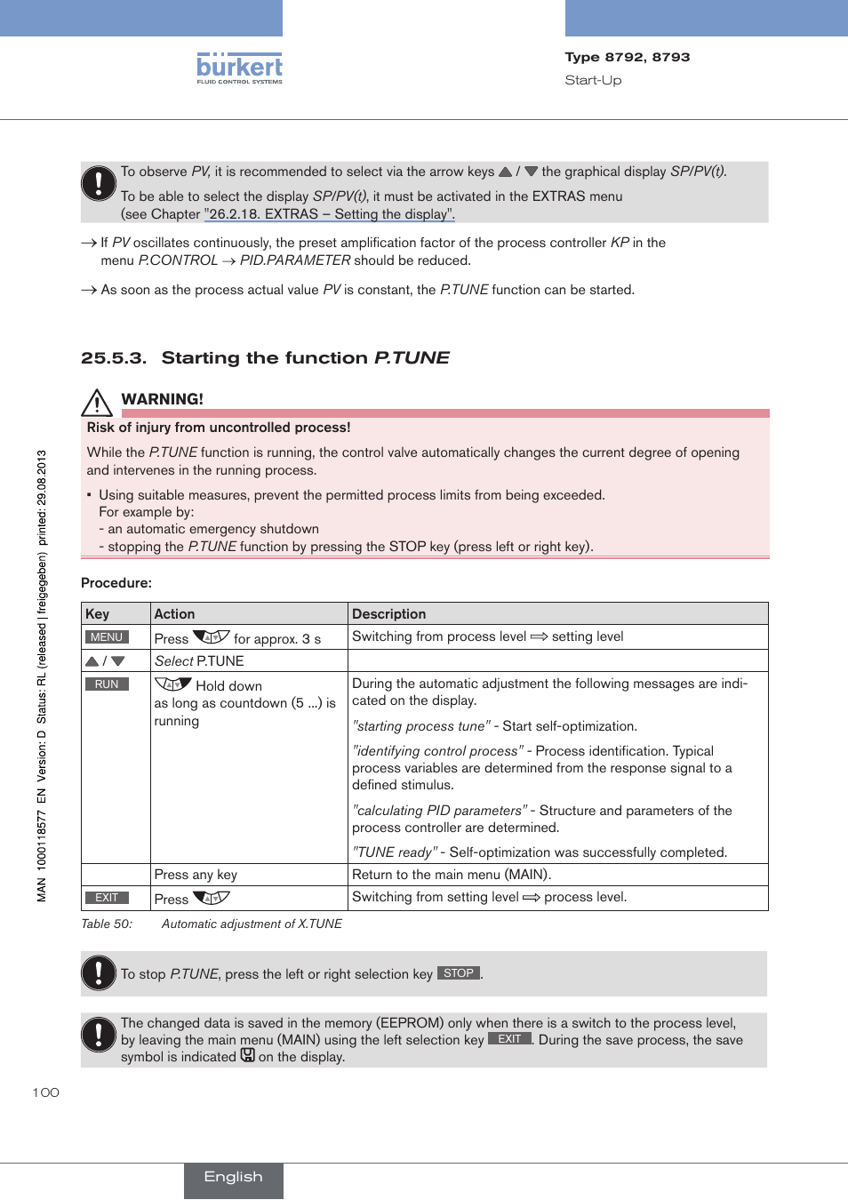 Starting the function p.tune | Burkert Type 8793 User Manual | Page 100 / 252