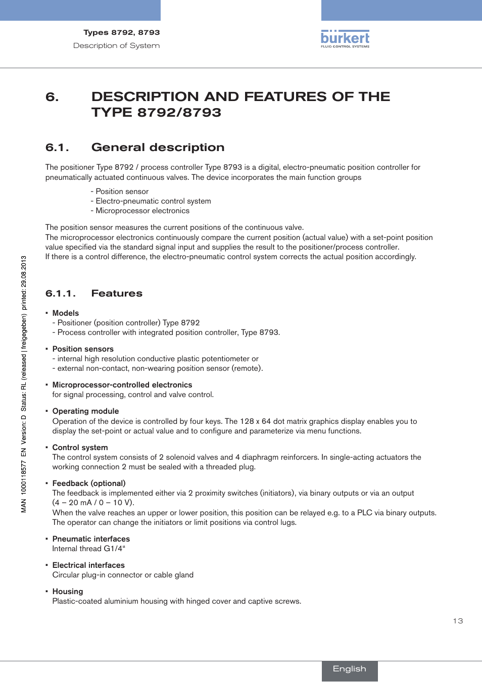 Description and features of the type 8792/8793, General description, Features | Description.and.features.of.the.type.8792/8793, . general.description | Burkert Type 8793 User Manual | Page 13 / 252