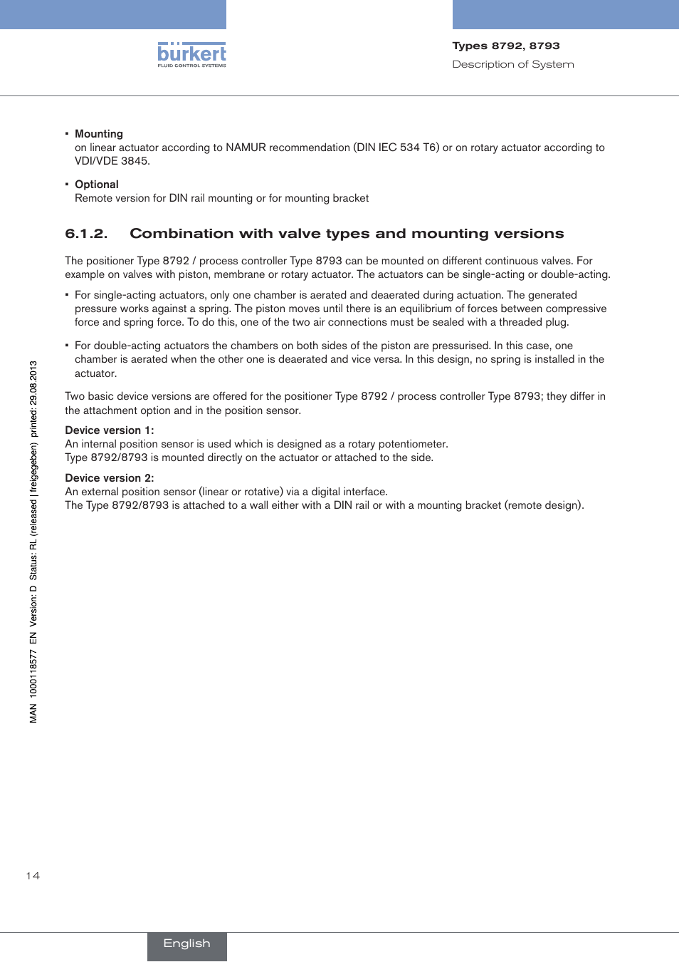 Combination with valve types and mounting versions | Burkert Type 8793 User Manual | Page 14 / 252