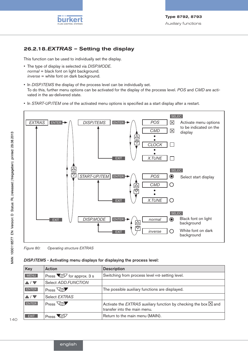 Extras – setting the display | Burkert Type 8793 User Manual | Page 140 / 252