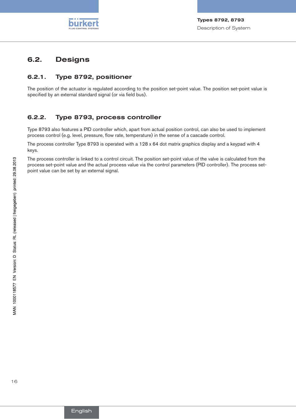 Designs, Type 8792, positioner, Type 8793, process controller | . designs | Burkert Type 8793 User Manual | Page 16 / 252