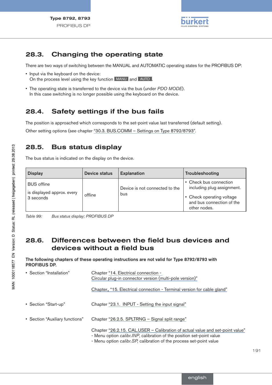 Changing the operating state, Safety settings if the bus fails, Bus status display | . changing.the.operating.state, . safety.settings.if.the.bus.fails, . bus.status.display | Burkert Type 8793 User Manual | Page 191 / 252