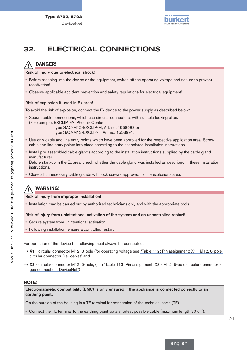 Electrical connections, Electrical.connections | Burkert Type 8793 User Manual | Page 211 / 252