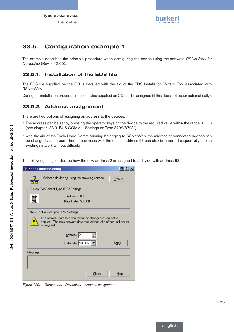 Configuration example 1, Installation of the eds file, Address assignment | . configuration.example.1 | Burkert Type 8793 User Manual | Page 223 / 252