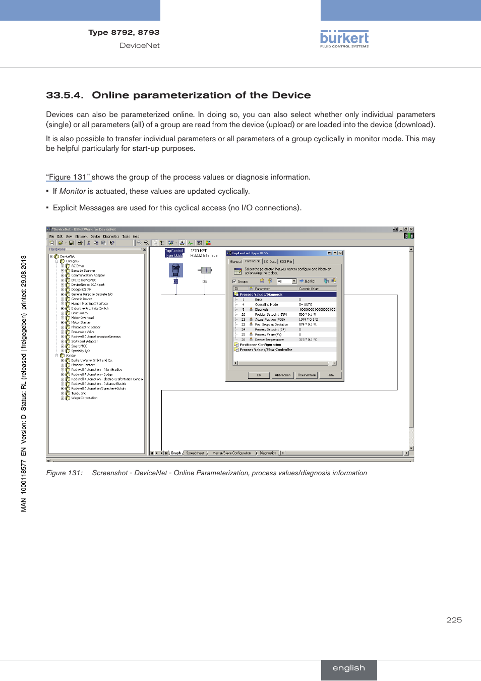 Online parameterization of the device | Burkert Type 8793 User Manual | Page 225 / 252