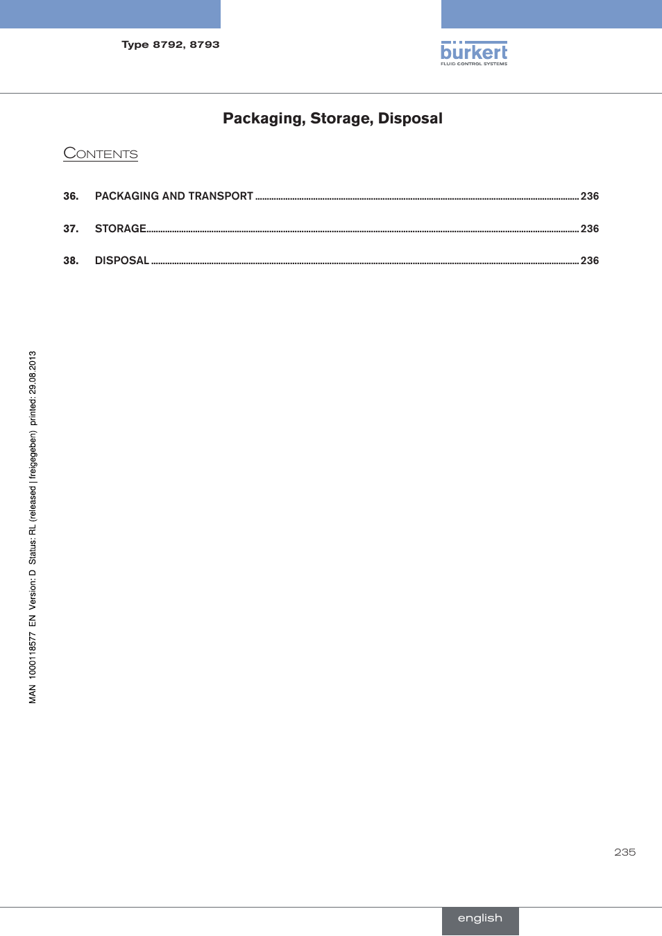 Packaging, storage, disposal, Packaging, storage, disposal c | Burkert Type 8793 User Manual | Page 235 / 252
