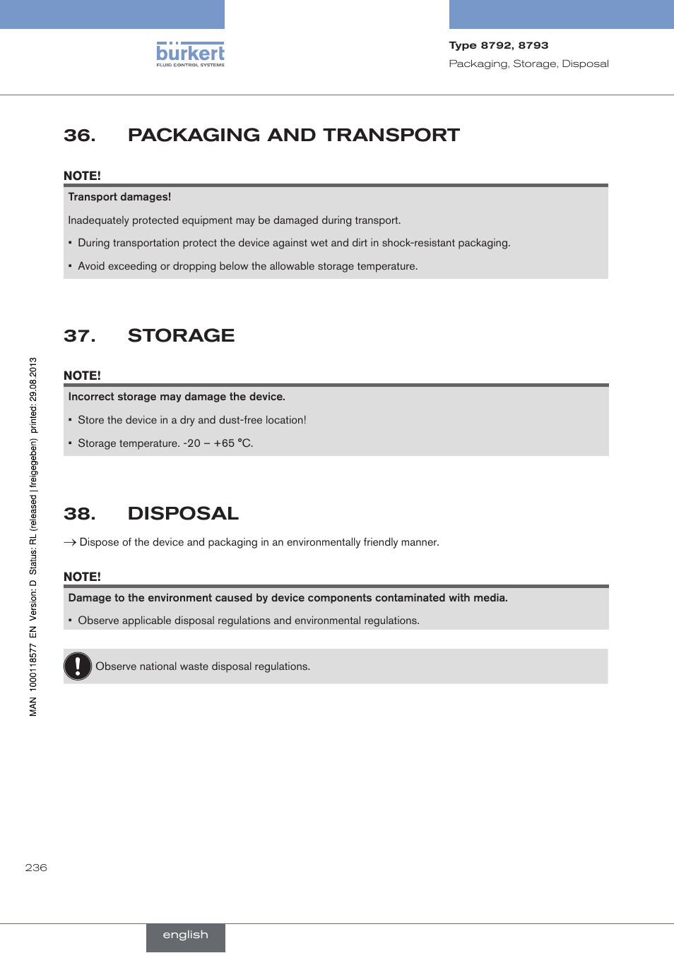 Packaging and transport, Storage, Disposal | Packaging.and.transport | Burkert Type 8793 User Manual | Page 236 / 252