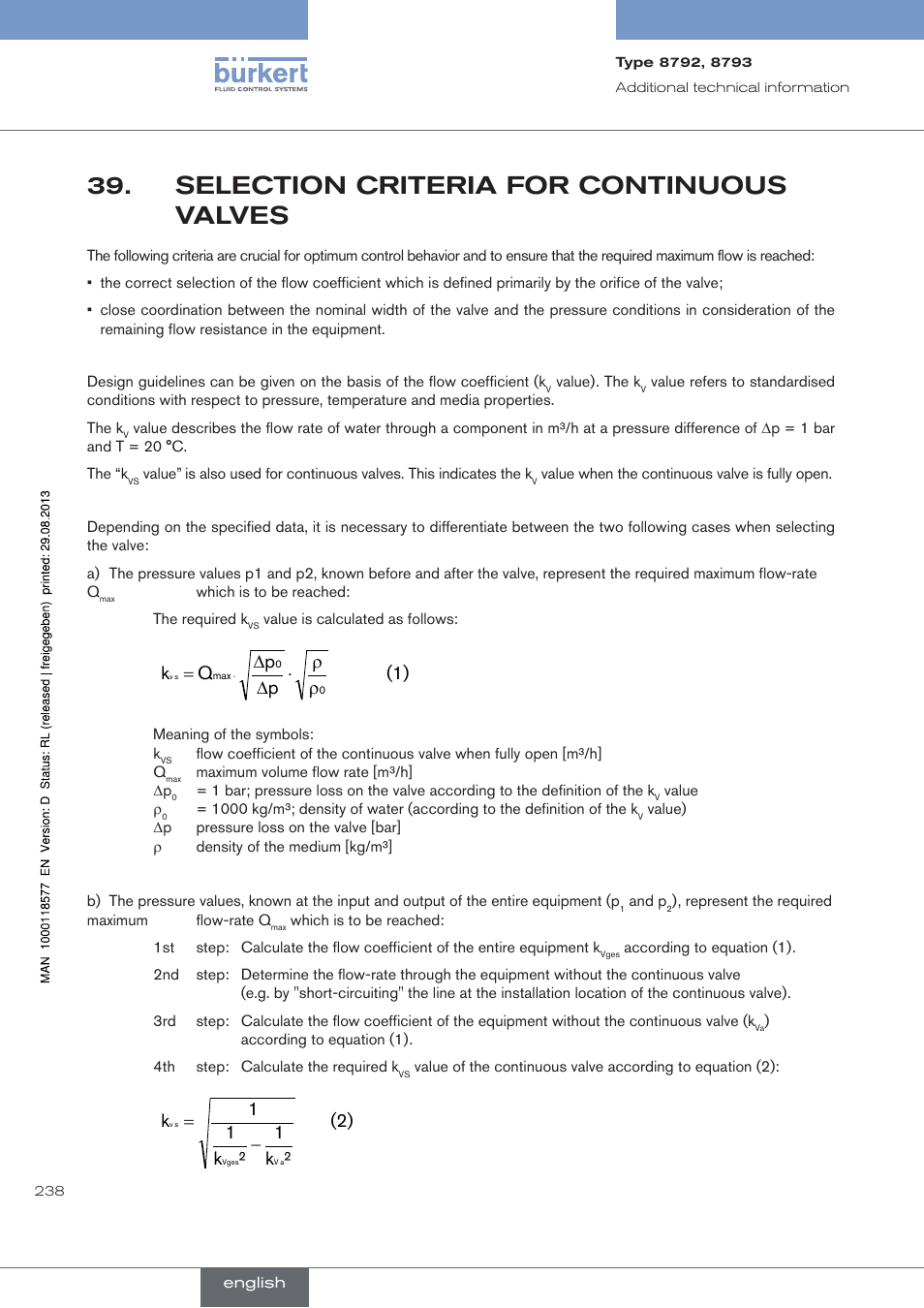 Selection criteria for continuous valves, Selection.criteria.for.continuous.valves, 1) p p q k | 2) ² k 1 ² k 1 1 k | Burkert Type 8793 User Manual | Page 238 / 252