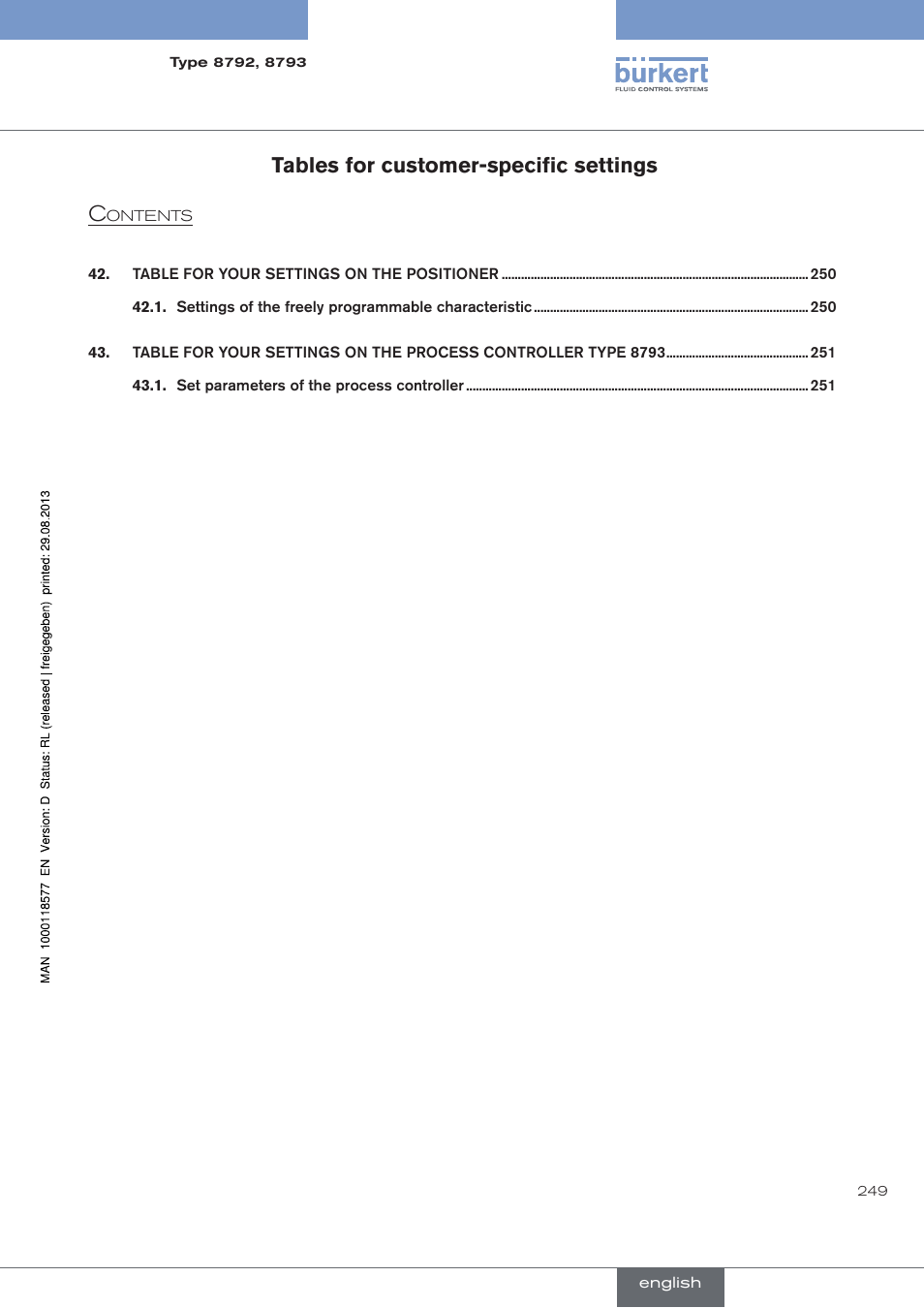Tables for customer-specific settings, Tables for customer-specific settings c | Burkert Type 8793 User Manual | Page 249 / 252