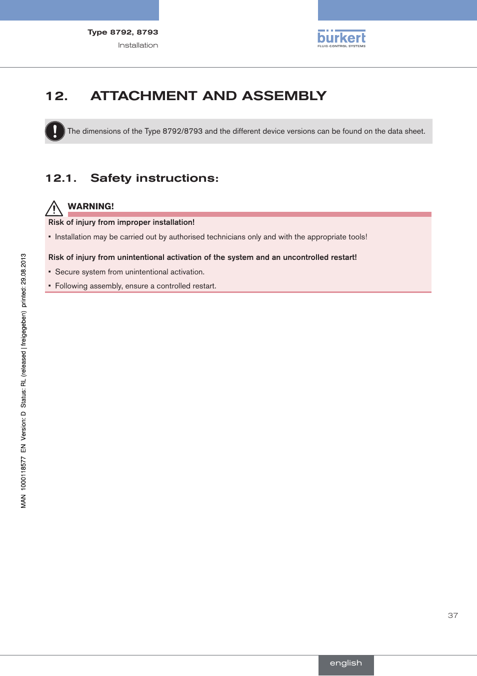 Attachment and assembly, Safety instructions, Attachment.and.assembly | . safety.instructions | Burkert Type 8793 User Manual | Page 37 / 252