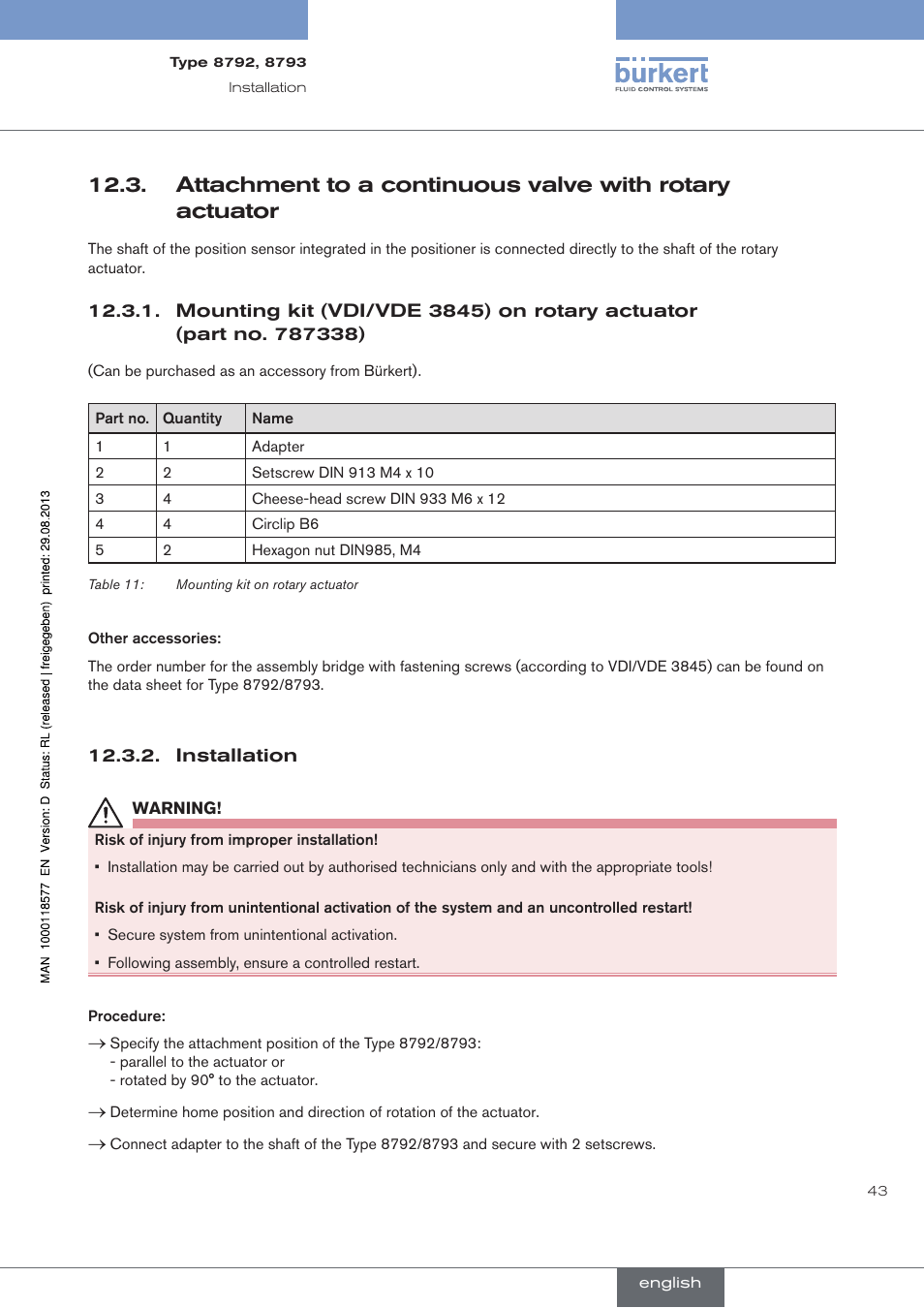 Installation | Burkert Type 8793 User Manual | Page 43 / 252