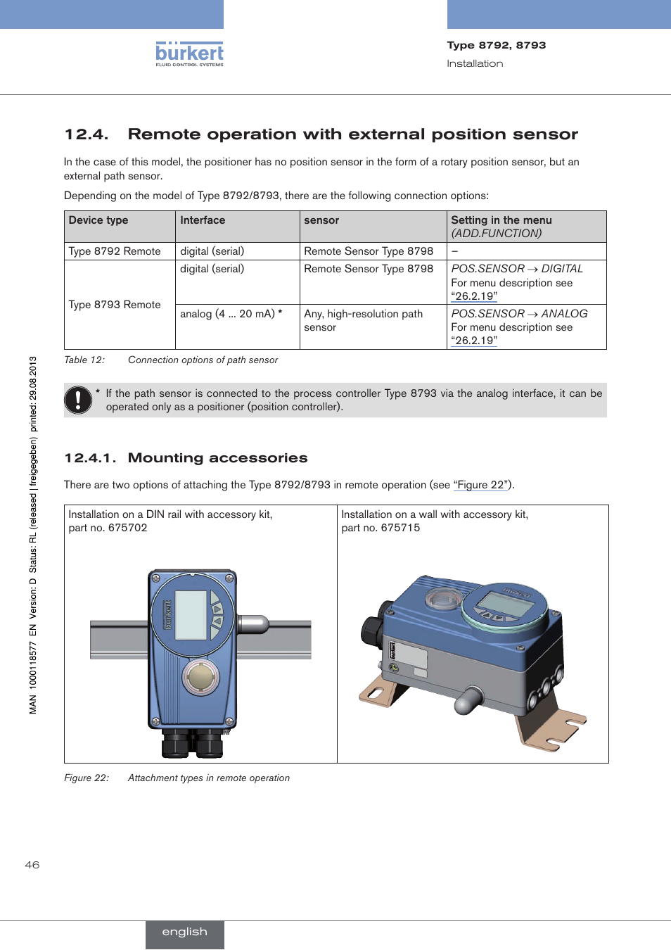 Remote operation with external position sensor, Mounting accessories, . remote.operation.with.external.position.sensor | Burkert Type 8793 User Manual | Page 46 / 252