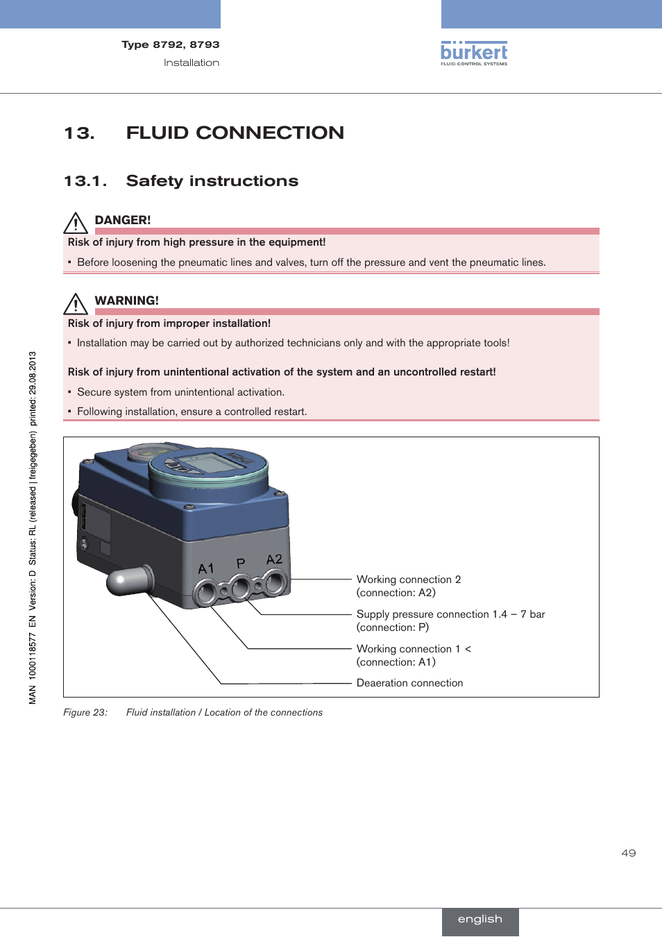 Fluid connection, Safety instructions, Fluid.connection | . safety.instructions | Burkert Type 8793 User Manual | Page 49 / 252